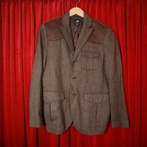 H&M Tweedy Brown Herringbone Blazer w/ Elbow Patch